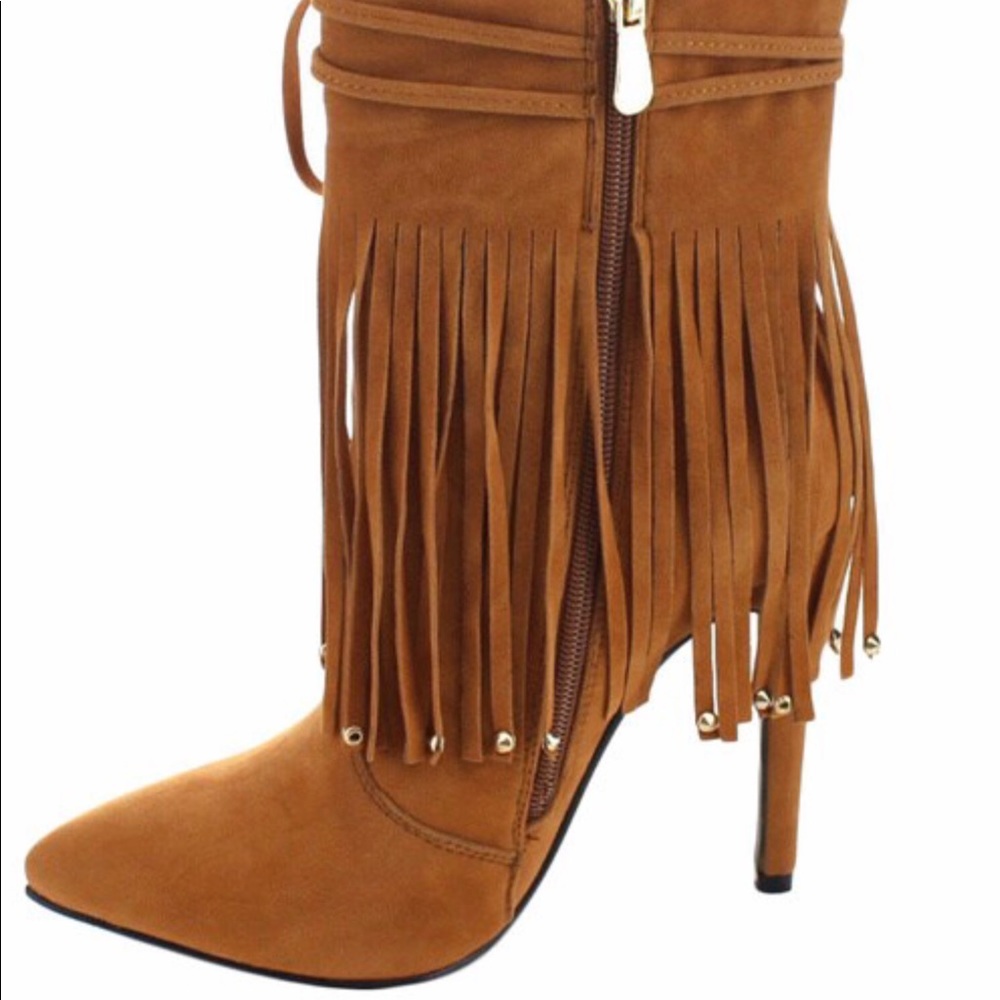 Machi Peri-1 Woman’s Fashion Stiletto High Heel Gold Studded Fringe Boots! - Picture 7 of 8